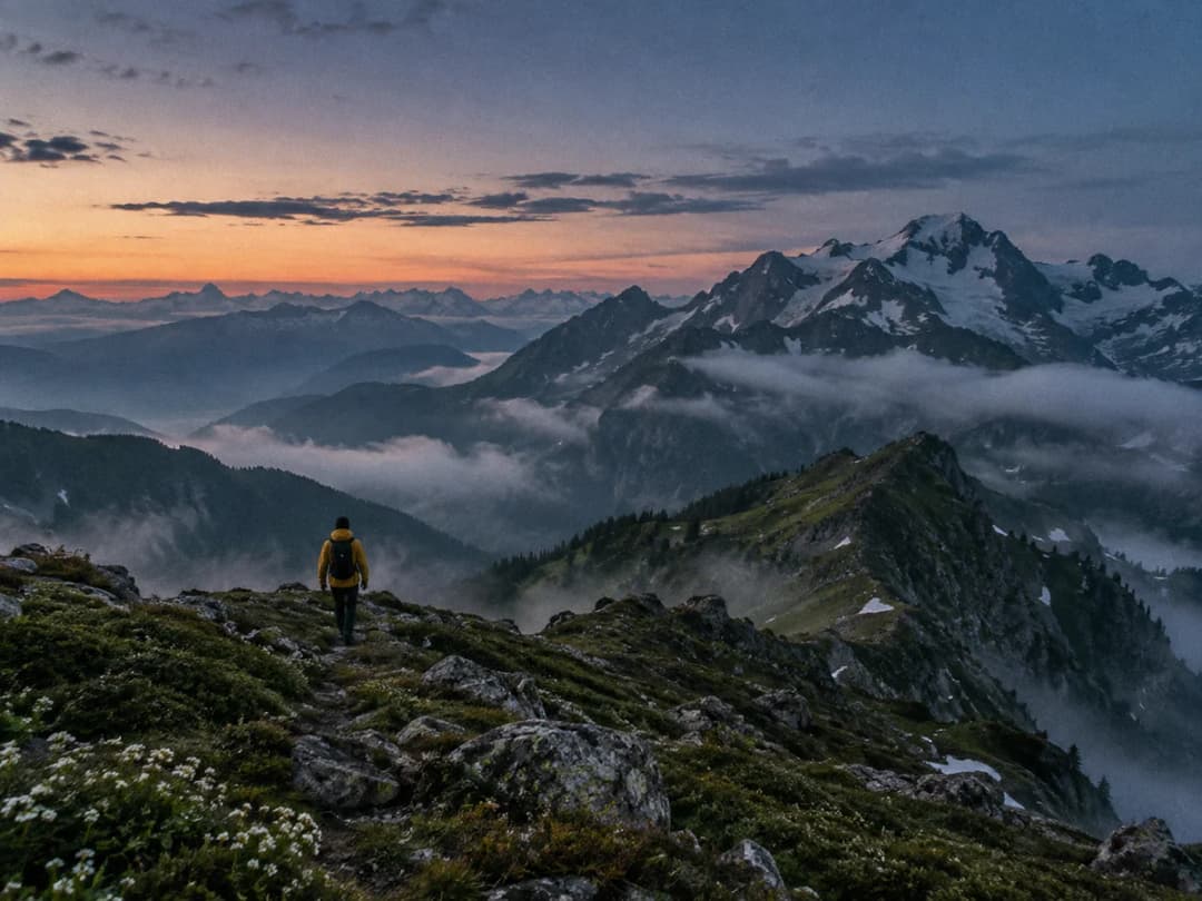 An alpine ridge with a hiker in a yellow jacket