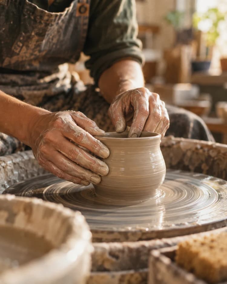 Hands shaping a ceramic bowl on a pottery wheel
